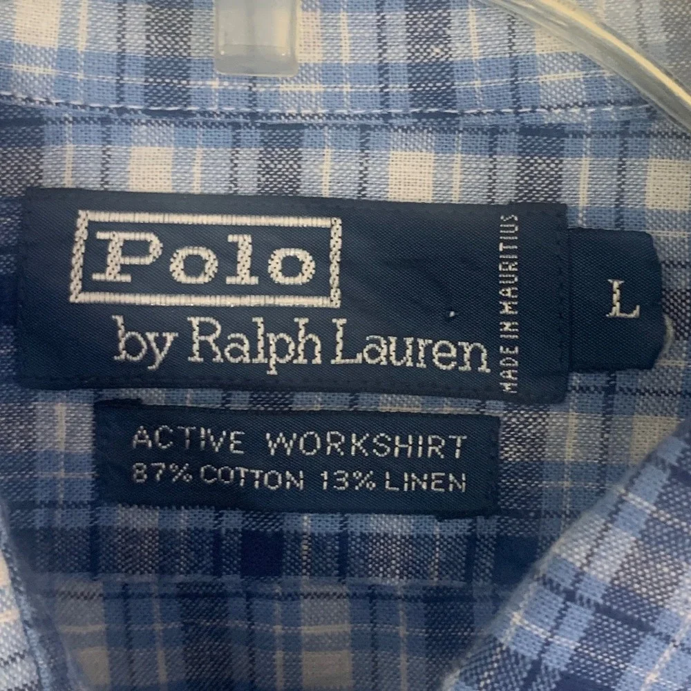 Vtg 90s Polo Ralph Lauren The Active Workshirt Blue‎ Plaid Linen Cotton Blend L